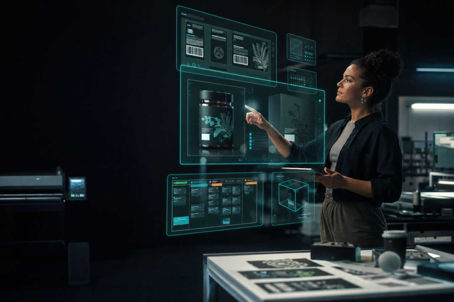 Profissional editando rótulos e artes em interface holográfica